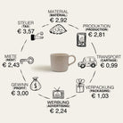 Steingut Tasse in Beige mit Herstellungskosten.