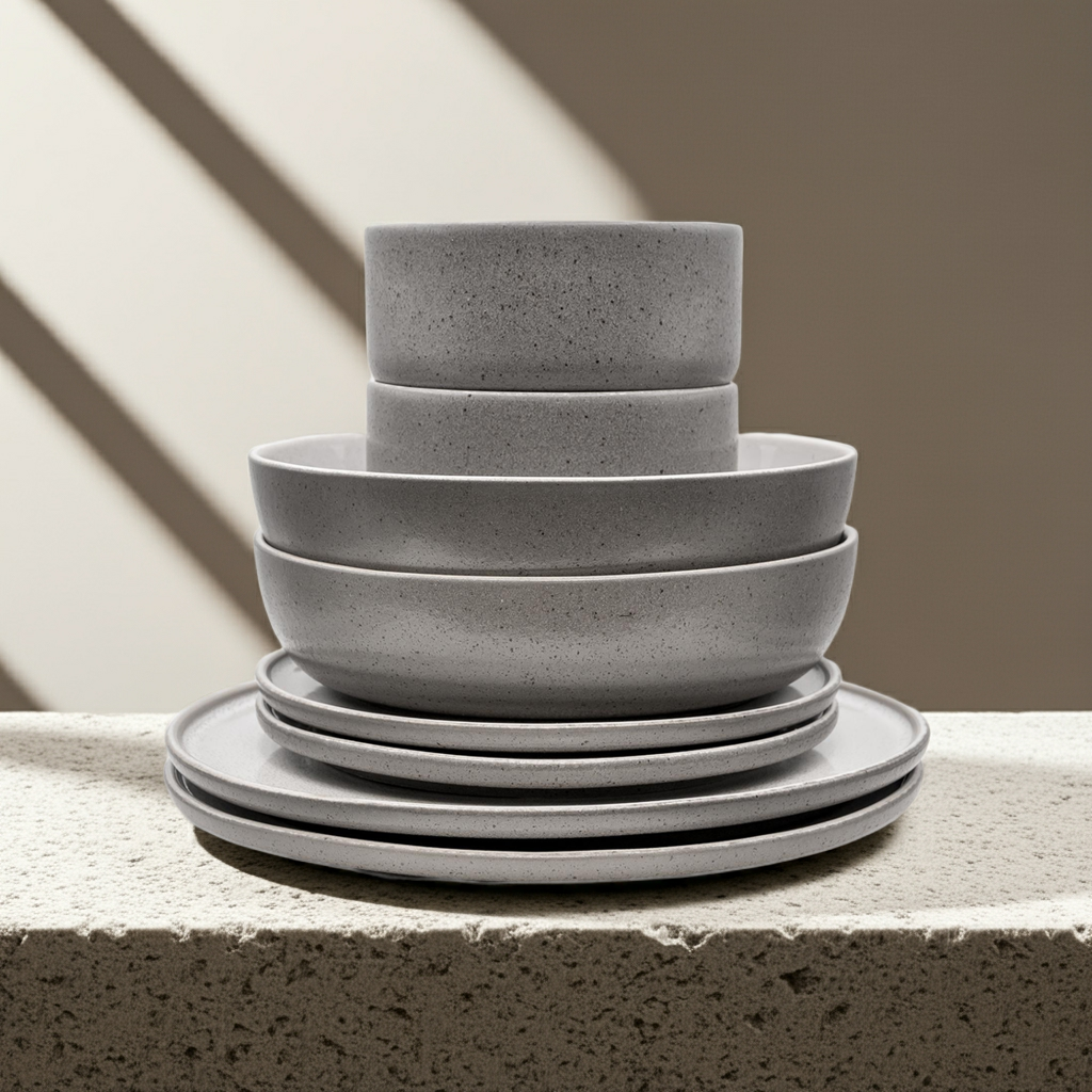 Multi-piece stoneware tableware set Ddoria Granite Grey